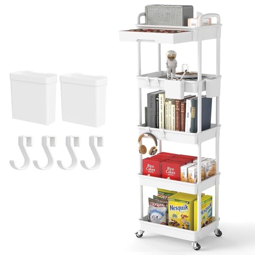 5 Tier Rolling Utility Cart with Drawer,REBECAT Utility Cart Made of Multifunctional Storage Organizer Tool for Kitchen,Bathroom,Living Room,Office(White) - color: White