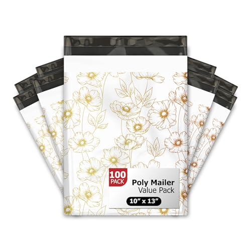 10x13 (100) Gold Floral Summer Designer Poly Mailers Waterproof Self Sealing Tear Resistant Polymailers Shipping Envelopes Premium Printed Bags For Small Businesses - color: Gold Floral, size: 10x13 inches