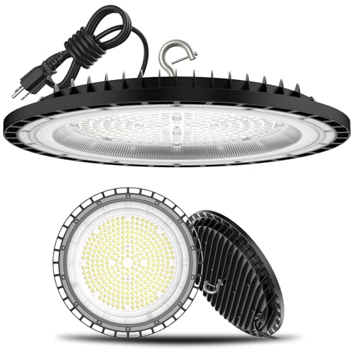 2Pack UFO LED High Bay Light 250w, 5000K,36,000LM, 5 ft cable with Us Plug UL Certified Plug,Hanging HookIP65 Commercial Warehouse Area Light for Wet Location Area, Workshop, Garage, Factory Barn - size: 250W2 Pack
