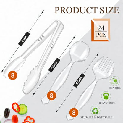 Mwellewm 24Pcs Plastic Serving Utensils Set, Disposable Spoons Tongs Forks - color: Clear Style 2, size: 24 Pcs