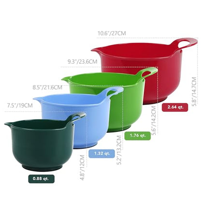 BoxedHome 4 Pack Nesting Mixing Bowl Christmas Set with Pour Spout and Handle, BPA free Microwave & Dishwasher Safe(Christmas colours, 4 Pack with Handle) - color: reddish green