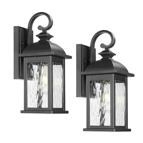 FEMILA 2 Packs Outdoor Waterproof Wall Lights Fixture, 15" Wall Lantern for Porch, Anti-Rust Matte Black Finish with Water Ripple Glass,4FD54B-2PK BK-WP - color: Matte Black, Water Ripple Glass, size: 15", 2 Pack