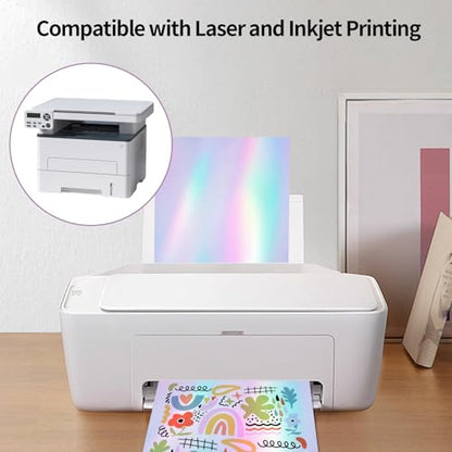 Holographic Sticker Paper for Inkjet & Laser Printer 8.5x11 inch Printable Vinyl Holographic Sticker Paper Self-Adhesive Waterproof- Diamond, Rainbow, Dots, Transparent- 20 Sheets - color: 4 Style- B, size: 8.5" x 11"
