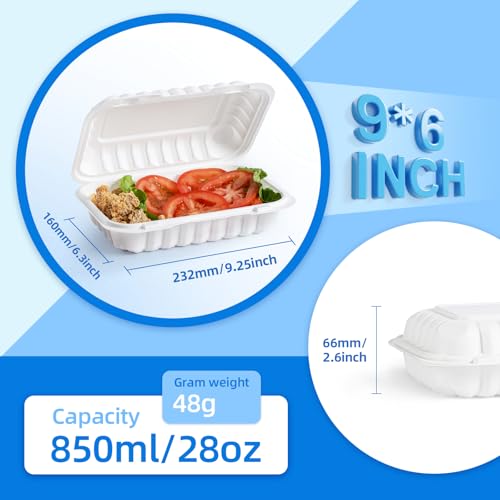 YANGRUI 50-Pack 28oz 9x6 White Takeout Boxes - Shrink Wrapped No Pre-Wash