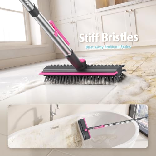AIR U+ Floor Scrub Brush with Long Handle, 4 in 1 Floor Scrubber & Squeegee - color: Gray and Pink