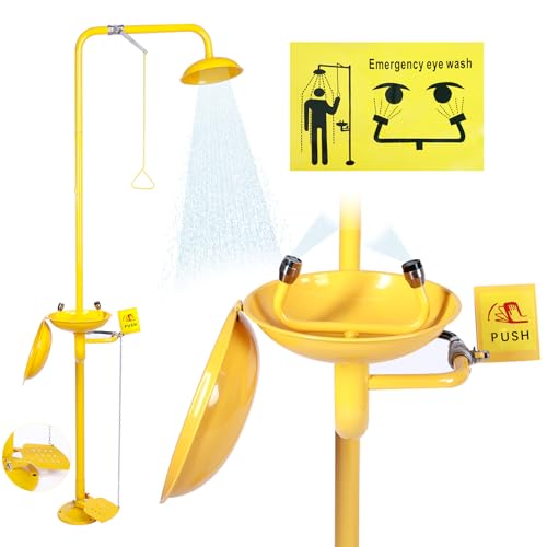 Pedal Operated Emergency Shower Eye Wash Station, 304 Stainless Steel and ABS Yellow Coating, Eyewash Basin with Dust Cover & Emergency Sign, NPT Thread, Yellow