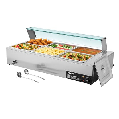 VEVOR Commercial Food Warmer, 1500W Electric Stainless Steel Steam Food Warmer with Glass Cover, 6 x 1/2 Size Pans Buffet Bain Marie with Soup & Perforated Ladles, for Catering, Restaurant & Party - size: 6x1/2Pan ;72QT