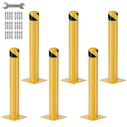 GarveeLife Heavy Duty Steel Safety Bollards 42 in,6 PC Steel Parking Bollards Post,Removable Bollards for Warehouse, Garage, Parking Lot,Reflective Tape, Anchor Bolts Included,4.5 in Diameter - size: 42 inch