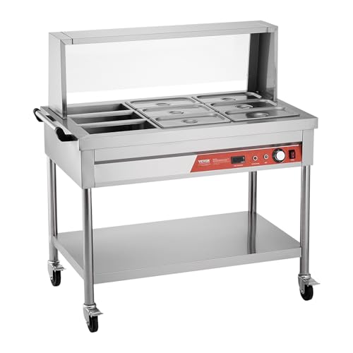 VEVOR 9-Pan Commercial Food Warmer, 9 x 1/3 Pans Electric Steam Table, 1500W Professional Buffet Catering Food Warmer with Shield Undershelf Wheels, Stainless Steel Server for Party Restaurant - size: 9-Pan