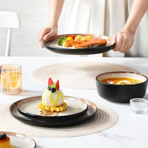vancasso Plates and Bowls Sets, 24 Pieces Stoneware Dinnerware Sets for 8, Kitchen Dish Set Mircowave and Dishwasher Safe Ceramic Dishware, Light Cream, Series AMBER - color: Oyster White