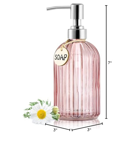 MOCLIF 16OZ Fashion Stripe Clear Glass Refillable Soap Dispenser with 304 Stainless Steel Pump Premium Soap Dispenser， for Kitchen, Bathroom, Hand Sanitizer, Liquid Soap, Lotion, etc. (Clear Pink) - color: Pink