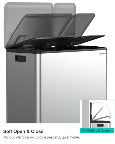 Dual Trash and Recycling Bins for Kitchen, 19+8 Gallon (72+30L) Stainless Steel Trash and Recycle Bin Combo with Soft-Close Lid, Large Garbage Cans for Kitchen Home with 2 Magnets Sticker, Silver - color: Silver