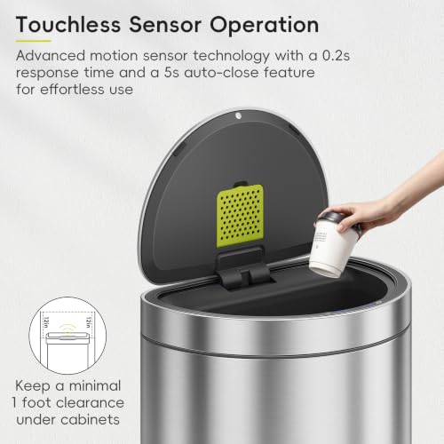 EKO Mirage Semi-Round Motion Sensor Trash Can or Recycling Bin, 47 Liter / 12.4 Gallon Automatic Large Kitchen Trash Can with Deodorizer Compartment, Removable Lid and Bucket, Matte Stainless Steel - size: Mirage Semi-Round 47 liter - Stainless Steel