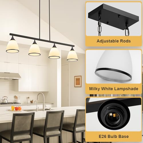 4-Light Modern Linear Chandelier for Kitchen Island Light Black - color: Black