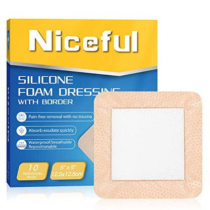 Niceful Silicone Foam Dressing 5“x5 10 Pcs, Gentle for Sensitive Skin - size: 5"x5"(10PCS）