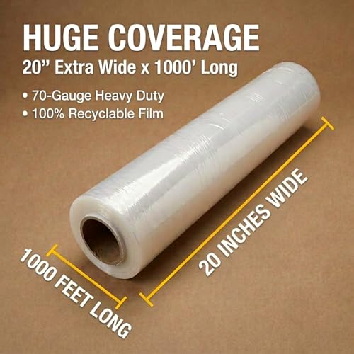 BOX USA Stretch Wrap Extra Wide Stretch Film Roll - 20 in Wide & 1000 ft long Clear Plastic Wrap with Handles for Pallet Wrapping Shipping Moving (Pack of 2) - size: 20" X 1000' (2 Rolls)