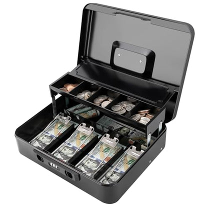 Cash Box with Snap Latch Combination Lock and Sliding Coin Lid, Secure Cash Box with Money Tray and Lock, Durable Safe Money Box for Home and Office,Black,11.8"L x 9.5"W x 3.5"H - color: True Black
