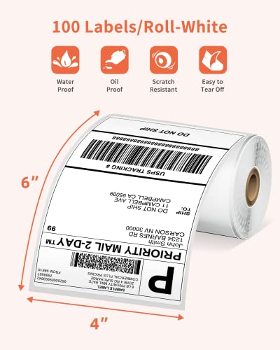 100 PCS 4x6 Thermal Label Roll - White 4"x6" Labels Shipping Supplies Labels for Thermal Label Printer - Permanent Adhesive Thermal Shipping Label for Shipping Packages - Water/Oilproof Mailing Labels - color: White-100
