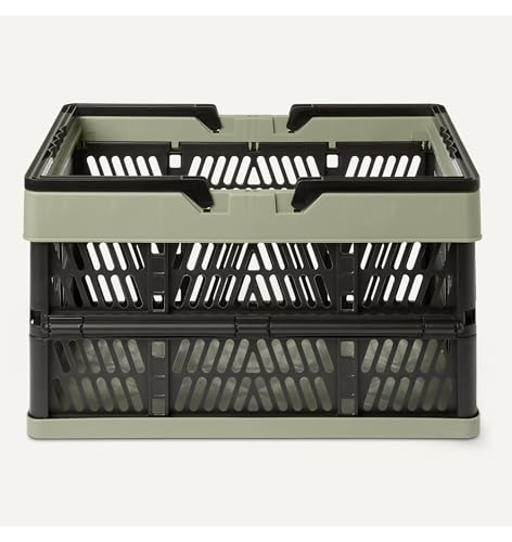Amazon Basics Collapsible Plastic Grocery Shopping Baskets with Ergonomic Handles, Stackable, 6.6 Gallon Capacity, Green, 3 Pack