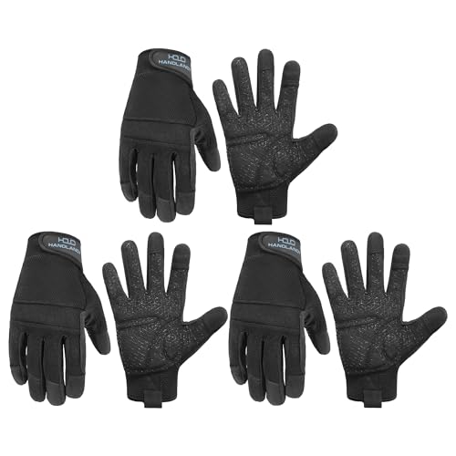 HANDLANDY Grip Work Gloves for Women Men, Safety Utility Yard Working Gloves, Flexible Touch Screen Mechanics Gloves (Black-Grip, Large (Pack of 3)) - color: Dark Black (3 Pairs), size: Large