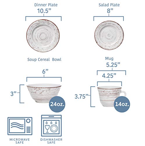 Pfaltzgraff Trellis White 16-Piece Stoneware Dinnerware Set, Service for 4, Distressed White Finish, Microwave & Dishwasher Safe Plates and Bowls - color: Distressed White