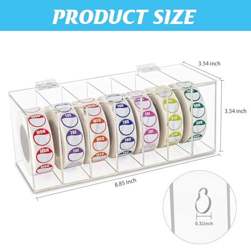 Acrylic Day of The Week Covered Label Dispenser 7-Slot Wall Mount Sticker Roll for 1",3/4" Stickers 1 Inch (No Label)