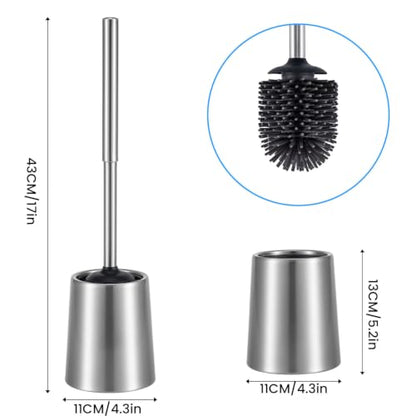 SUS304 Stainless Steel Toilet Brush and Holder Toilet Brush Bowl Cleaning Brush Double Layer Holder Long Brush Handle High Density Silicone Head