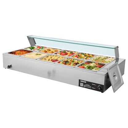 VEVOR Commercial Food Warmer, 1700W Electric Stainless Steel Steam Food Warmer with Glass Cover, 10-Pan Countertop Buffet Bain Marie with Soup & Perforated Ladles, for Catering, Restaurant & Party - size: 10x1/2Pan;120QT