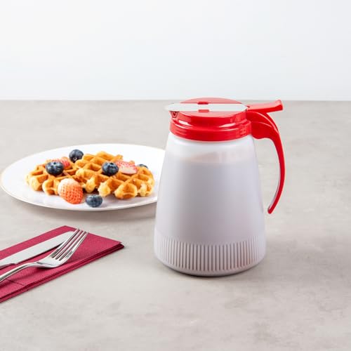 Restaurantware-Chef 101 48 Ounce All Purpose Syrup Dispensers, 10 Honey Dispensers - Red Top, Stainless Steel Slide Cover, Plastic Pancake Syrup Bottle, Perfect For Diners, Restaurants, Home - color: Red, size: 48 Ounces, style: 10 Count