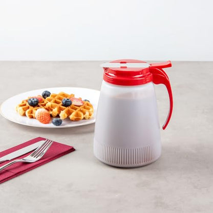 Restaurantware-Chef 101 48 Ounce All Purpose Syrup Dispensers, 10 Honey Dispensers - Red Top, Stainless Steel Slide Cover, Plastic Pancake Syrup Bottle, Perfect For Diners, Restaurants, Home - color: Red, size: 48 Ounces, style: 10 Count