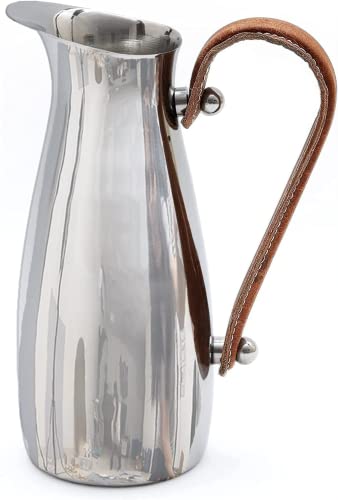 Stainless Steel Silver Water Pitcher Carafe with Leather Handle 10"H by Gute - Elegant Mirror Finish Bell Shaped Jug, For Hot/Cold Water, Iced Tea, Coffee, Sangria, Lemonade, and Flowers 42oz Capacity