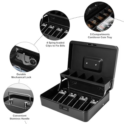Locking Cash Box with Key Lock and Money Tray, Money Box, Lock Safe Box, Cash Money Lock Safe Box for Cash Register 11.8"x9.45"x3.54" (Black Combination) - color: Black Combination