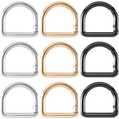 HINZIC D Ring Spring Key Hooks Keyring Clip Buckles Clasp Clamps for Belt Backpacks Handbag Purse Strap - color: 9pcs-silver & Gold & Black