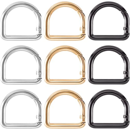HINZIC D Ring Spring Key Hooks Keyring Clip Buckles Clasp Clamps for Belt Backpacks Handbag Purse Strap - color: 9pcs-silver & Gold & Black
