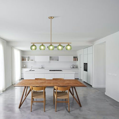 BYOLIIMA Modern Brushed Brass Linear Chandelier Green Striped Glass Shade 5-Lights Gold Mid Century Sputnik Globe Pendant Light Farmhouse Ceiling Hanging Light Fixture Dining Room Kitchen Island - color: Gold/Green