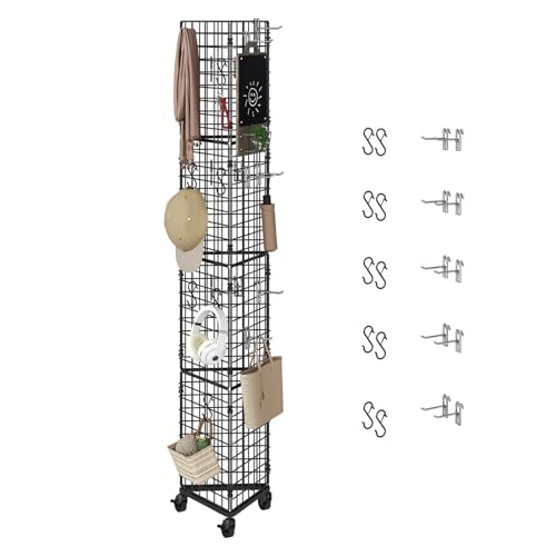 MAHANCRIS Triangular Gridwall Panel with Wheels, 3-Sided Display Stand for Vendor Events with 20 Hooks, Rolling Grid Wall Stand for Trade Shows, Retail Stores, Home Organization, Black GPBK3001