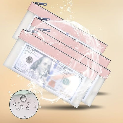 4pcs Storage Bags with Zipper, Pink TPU Money Pouch, Clear Bank Deposit Bags, Waterproof Cash Bag for Collectors, Multi-Purpose Check Wallet (Pink, 7.6 x 3.7 inch, 4 Bags) - color: pink