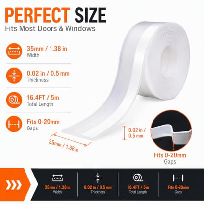 Weather Stripping Door Seal, Clear Silicone Seal Strip for Door Frame, 16.4FT Self Adhesive Draft Stopper, 35mm Wide for 0-20mm Gaps with Installation Kit - size: 35mm*16.4ft