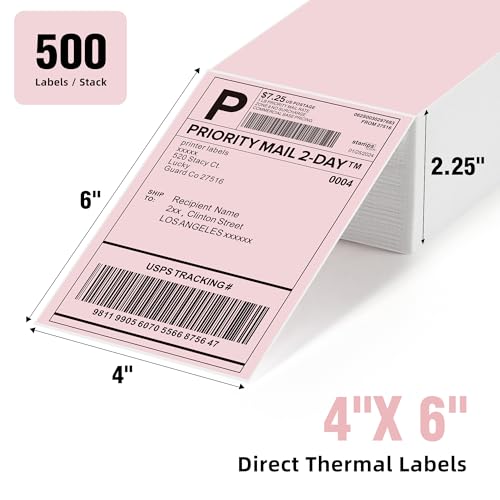4"x6" Pink Direct Thermal Labels, 500 Fanfold Shipping & Address Label Paper, Self-Adhesive Stickers for Thermal Printer, 1 Stack - style: 500 Labels-Pink