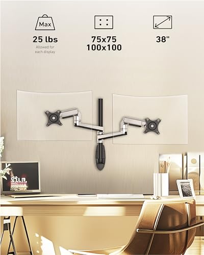 Ergounion Dual Monitor Wall Mount for Flat or Curved Screens up to 38" Within 25 lbs, Adjustable Monitor Arm with Cable Management, VESA 75x75/100x100mm Monitor Mount for 2 Monitors, Silver - color: Silver, size: Dual