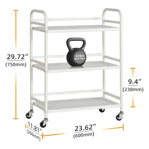 HDANI 3 Tier Metal Rolling Heavy Cart Supports 40 Lbs Per Tier,Mesh Rolling Cart with 2 Lockable Wheels for Office,Home,Bedroom,Kitchen,Bathroom(White) - color: White, size: Large Mesh
