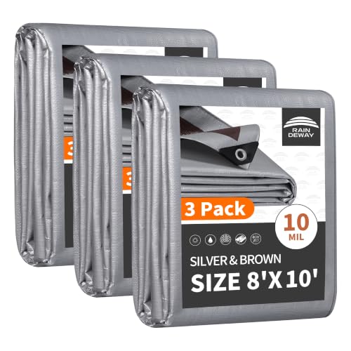 RAINDEWAY 8x10 Feet(3 Pack) Tarps Heavy Duty Waterproof,10Mil Tarp Cover - color: Silver/Brown, size: 8x10 Feet (3 Pack)-Finished size