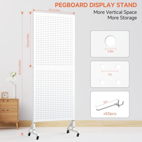 Peg Board Display Stand with Wheels,50 Hooks,2'x 5.5'-White - color: White