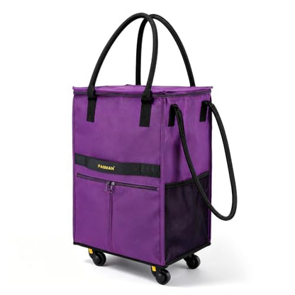 PASMAN Reusable Foldable Rolling Grocery Bag on 5 Wheels,Medium,MattePurple - color: Matte-purple, size: Medium