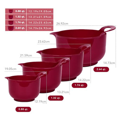 BoxedHome 4 Pack Nesting Mixing Bowl Set with Pour Spout and Handle, Non-Slip Bottom, BPA free Microwave & Dishwasher Safe(Deep Carmine) - color: Deep Carmine