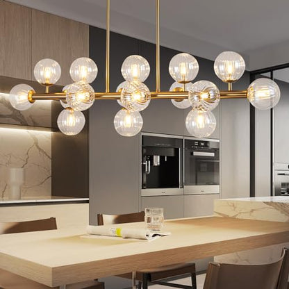 Gold Linear Rectangle Chandelier Modern Chandelier Glass Pendant Light Fixture Adjustable for Dining Living Room Kitchen Island 16-Light - color: Gold-50in