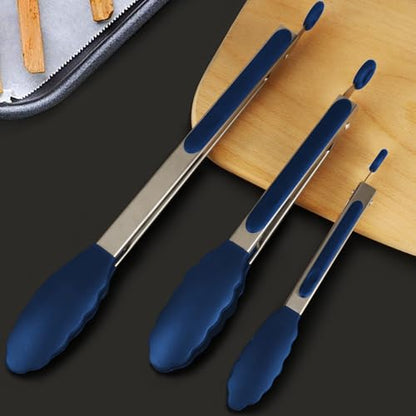 HOTEC Stainless Steel Kitchen Tongs with Silicone Tips, Set of 3-7",9" &12" - color: Classic Blue:12+9+7inch