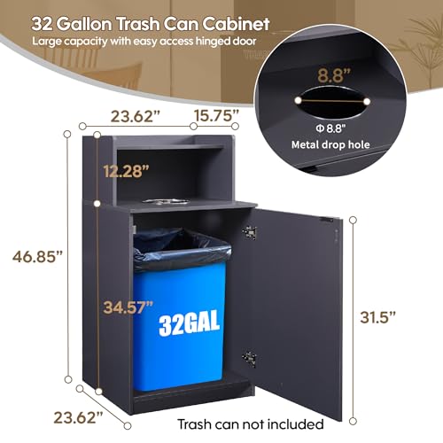Restaurant Trash Can Cabinet, Commercial Trash Cans 32 Gallon Wooden Trash Can and Garbage Receptacle with Tray Holder, Door, Large Trash Bin for Restaurant, Cafeteria, Kitchen, Office, School, Grey - color: Gray