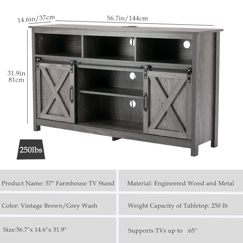 Vinctik 6&Fox 57In Wooden Farmhouse Entertainment Center for 60/65 inch TV,Double Layer Storage Farmhouse TV Stand,Double-Row Sockets with Wood Sliding Barn Door TV Stand(Double Layer Grey Wash) - color: Double Layer Grey Wash, size: 57in