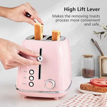 Roter Mond 2 Slice Toaster Retro Stainless Steel with Bagel, Cancel, and Defrost Functions, 6 Bread Shade Settings, Extra Wide Slots and Removable Crumb Tray, Pink - color: Pink